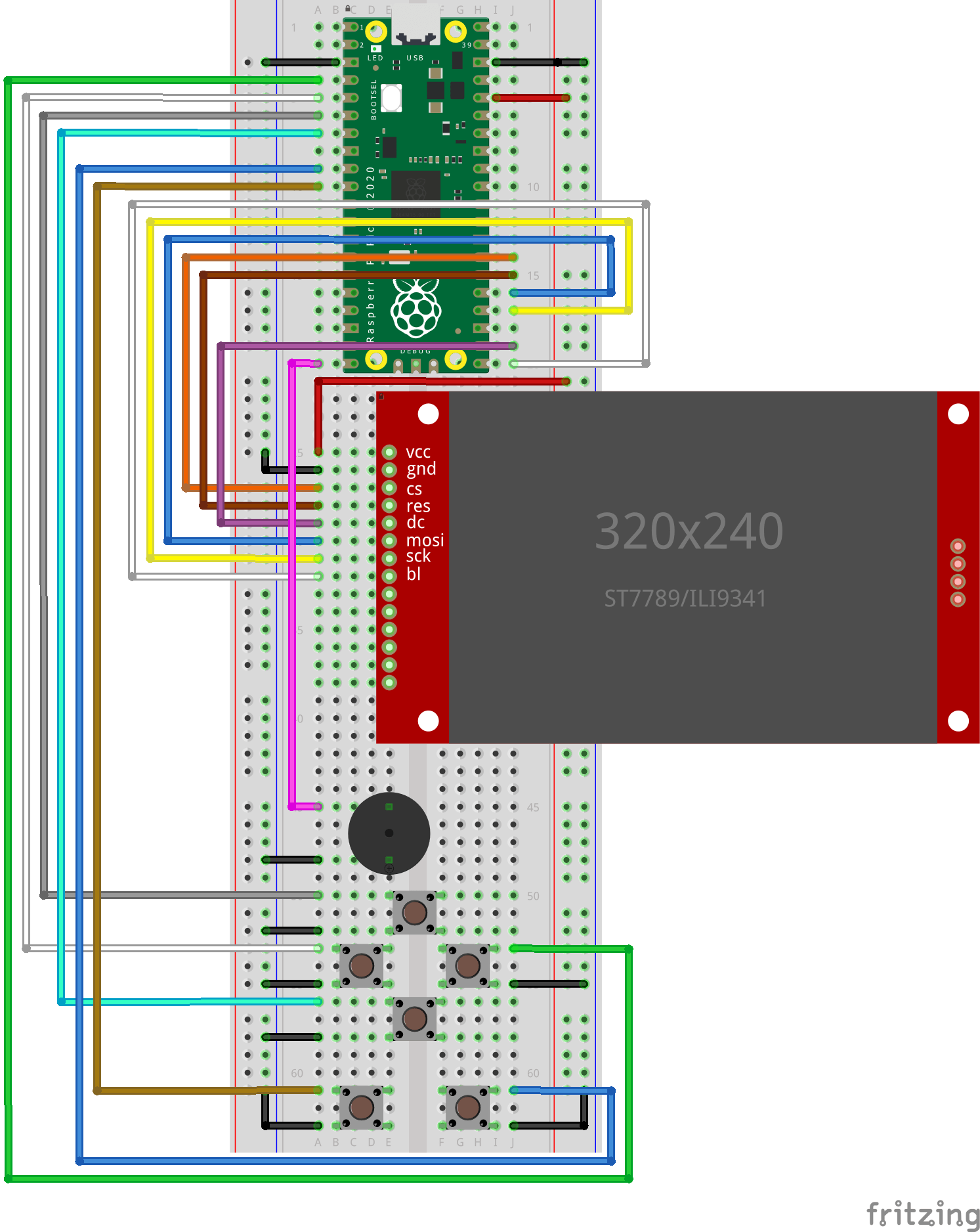 Breadboard wiring — a Raspberry Pi Pico, a 320×240 ST7789/ILI9341 SPI display, six buttons and a piezo buzzer