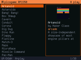 The picogame launcher: the game list on the left, a preview with the selected game's icon and details on the right.