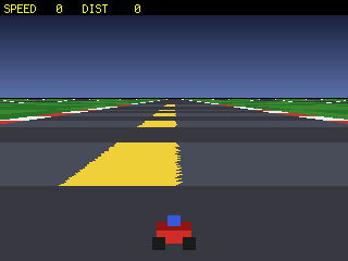 A Mode-7 racer - the road recedes, rumble stripes rush toward you