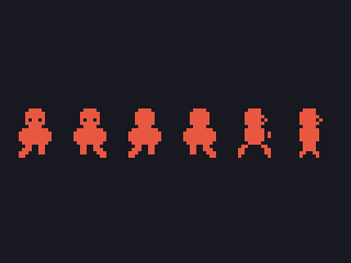 The hero’s six frames in a row — index 0-5: down, down-step, up, up-step, side, side-step; LEFT reuses the side frames mirrored with flip\_x