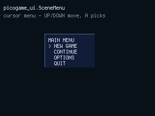 picogame\_ui.SceneMenu — a cursor menu over a live scene