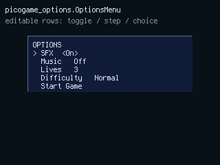 picogame\_options.OptionsMenu — editable settings rows